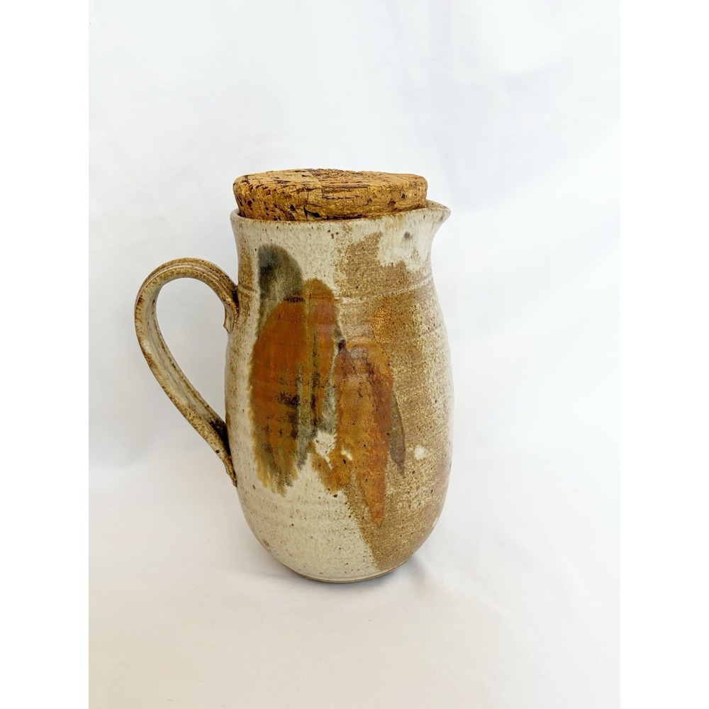 Art Pottery Studio Pitcher With Cork Lid Tan Brown Decorative Speckled